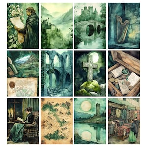 May include: A collection of watercolor paintings with a Celtic theme. The images depict castles, landscapes, a harp, a cross, maps, and figures in a muted green and brown color palette. The art evokes a sense of history and fantasy.