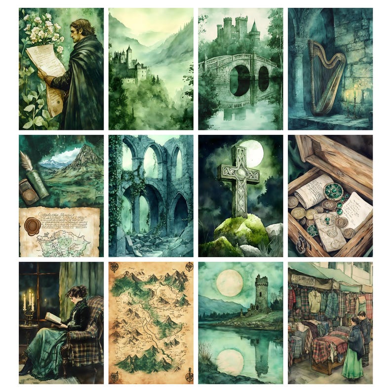 May include: A collection of watercolor paintings with a Celtic theme. The images depict castles, landscapes, a harp, a cross, maps, and figures in a muted green and brown color palette. The art evokes a sense of history and fantasy.