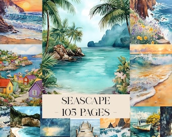 Seascape Junk Journal Pages Background, Sand and Sea Collage Printable, Ocean Junk Journal Kit, Beach Journal Paper, Summer Background