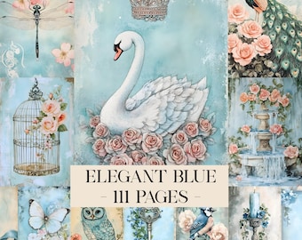 Elegant Blue Junk Journal Printable Pages, Junk Journal Kit, Scrapbook Printable, Printable Paper Digital Collage Sheet Shabby Chic Ephemera