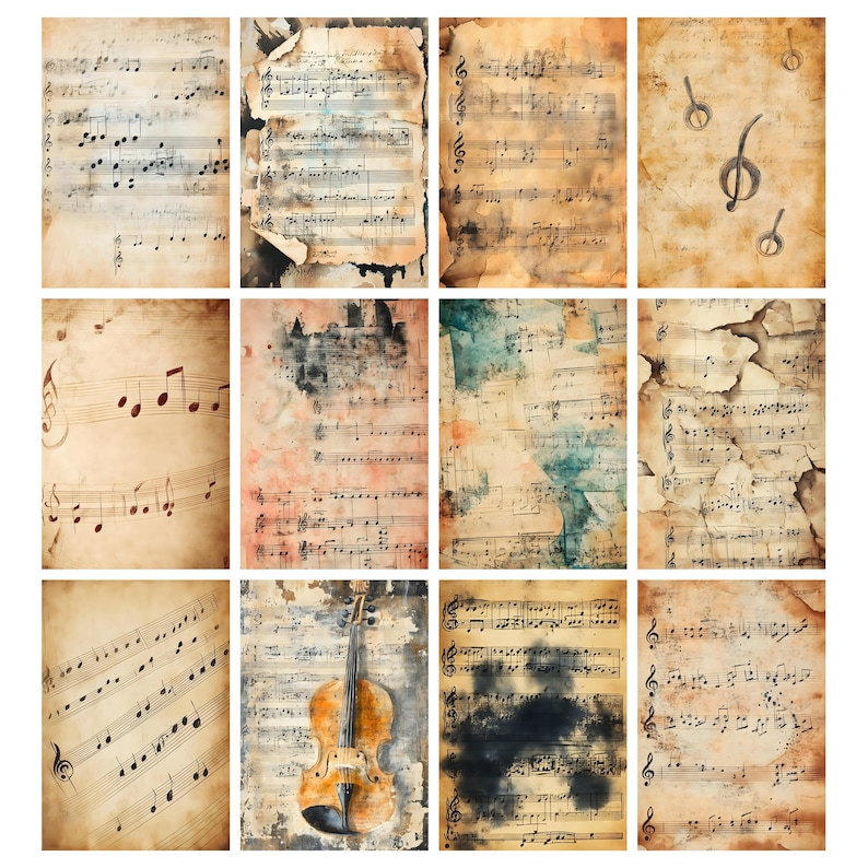 May include: A collection of vintage-style musical sheet prints. The sheets feature aged paper textures with musical notes and symbols in black ink. Some sheets have torn edges and watercolor accents in shades of brown, blue, and peach.