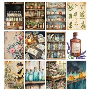 May include: A collage of watercolor illustrations featuring apothecary themes. Images include shelves of bottles, books, herbs, and a woman in a historical dress. The color palette is muted with earthy tones and vintage aesthetics.