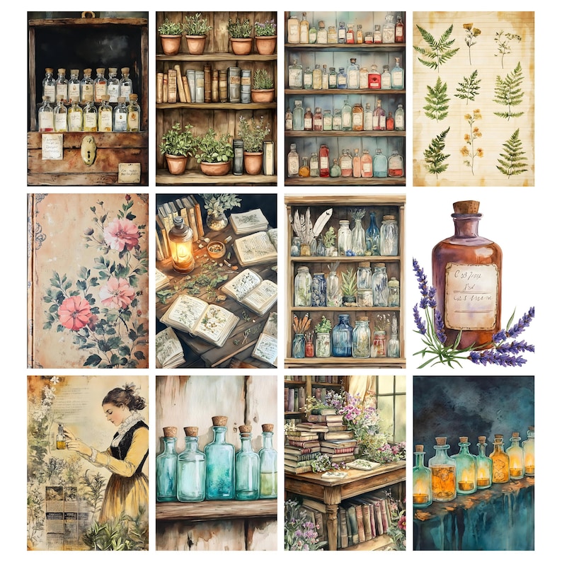 May include: A collage of watercolor illustrations featuring apothecary themes. Images include shelves of bottles, books, herbs, and a woman in a historical dress. The color palette is muted with earthy tones and vintage aesthetics.