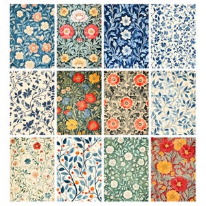 May include: A collection of sixteen floral pattern designs. Each design features a unique arrangement of flowers and foliage in various colors, including blue, red, yellow, and green. The patterns are suitable for fabric, wallpaper, or other decorative applications.