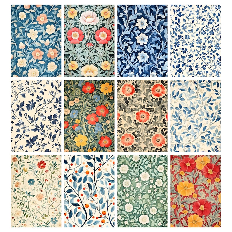May include: A collection of sixteen floral pattern designs. Each design features a unique arrangement of flowers and foliage in various colors, including blue, red, yellow, and green. The patterns are suitable for fabric, wallpaper, or other decorative applications.