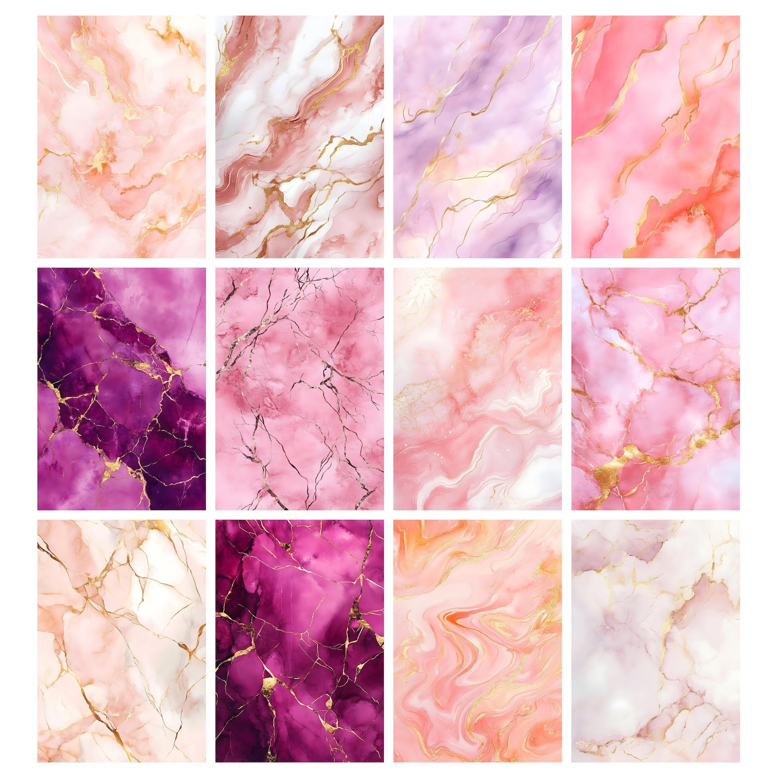 Pink and Gold Marble Digital Paper, Printable Marble Textures With Gold ...