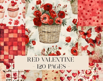 Romantyczne strony dziennika z czerwonymi różami, papier walentynkowy vintage, papiery miłosne, romantyczny dziennik, strony walentynkowe, cyfrowy album ze zdjęciami z różami