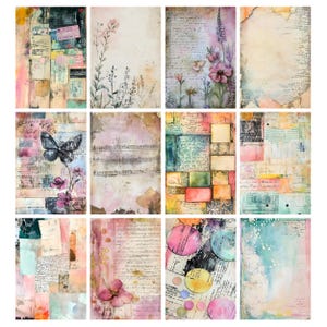 May include: A collection of twelve mixed media art prints. Each print features a unique collage of watercolor washes, floral elements, handwritten script, and torn paper textures. The color palette includes soft pinks, blues, greens, and yellows, creating a vintage aesthetic.