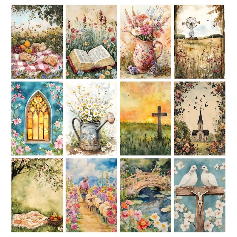 K&ouml;nnte beinhalten: Eine Sammlung von Aquarellmalereien mit pastoralen Szenen. Die Bilder zeigen ein Picknick, ein offenes Buch, ein Blumenarrangement, eine Windm&uuml;hle, ein Buntglasfenster, G&auml;nsebl&uuml;mchen in einer Gie&szlig;kanne, ein Kreuz, eine Kirche, einen Sch&auml;fer mit Schafen, eine Br&uuml;cke und Tauben.