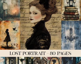 Verloren portret ongewenste tijdschriftpagina's, Dark Academia, oud boek digitaal papier, bibliotheekjournaalpagina, bibliotheekjunkjournaal, tijdelijke bibliotheek