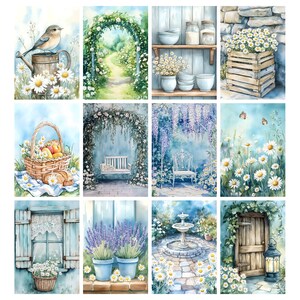 May include: Watercolor illustrations of various garden scenes. The images include a bird on a watering can, a path through an archway, shelves with bowls and jars, a wooden crate of flowers, a picnic basket, a swing, a chair, daisies, a window, lavender, a fountain, and a wooden door.