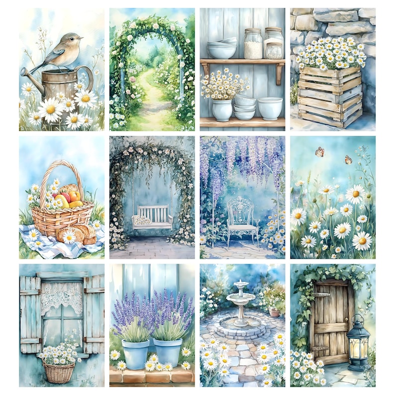 May include: Watercolor illustrations of various garden scenes. The images include a bird on a watering can, a path through an archway, shelves with bowls and jars, a wooden crate of flowers, a picnic basket, a swing, a chair, daisies, a window, lavender, a fountain, and a wooden door.