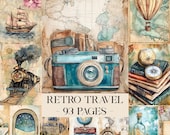 Retro Travel Junk Journal Pages, Vintage Vacation Printable Ephemera, Aged Old Scrapbooking Collage Sheet, Background Mixed Media Paper