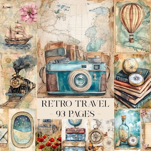 Peut inclure: Collage à l'aquarelle sur le thème du voyage vintage. Comprend un appareil photo bleu sarcelle, des valises empilées, une montgolfière, un voilier et un train. Le texte "RETRO TRAVEL - 93 PAGES" est affiché.