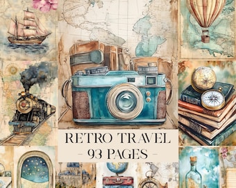 May include: Watercolor collage with a vintage travel theme. Features a teal camera, stacked suitcases, a hot air balloon, a sailboat, and a train. The text "RETRO TRAVEL - 93 PAGES" is displayed.