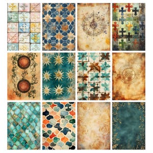 May include: A collection of twelve decorative art prints featuring various patterns and designs. The prints showcase a range of styles, including geometric shapes, floral motifs, and vintage compass illustrations. Colors include blue, teal, orange, and gold.