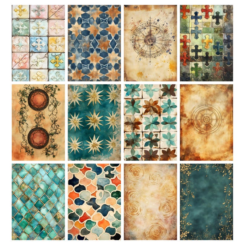 May include: A collection of twelve decorative art prints featuring various patterns and designs. The prints showcase a range of styles, including geometric shapes, floral motifs, and vintage compass illustrations. Colors include blue, teal, orange, and gold.