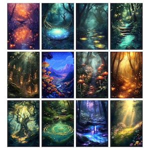May include: A collection of twelve fantasy art prints depicting enchanting forest scenes. Each print showcases vibrant colors, including blues, greens, and oranges, with elements like glowing lights, mushrooms, and serene water features. The artwork evokes a sense of magic and wonder.