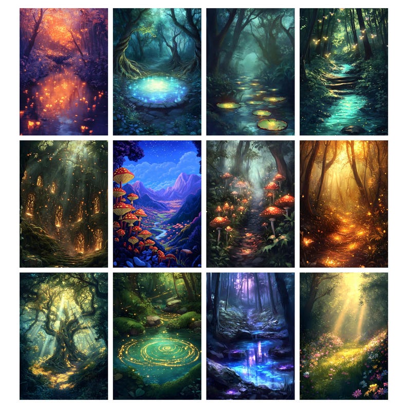 May include: A collection of twelve fantasy art prints depicting enchanting forest scenes. Each print showcases vibrant colors, including blues, greens, and oranges, with elements like glowing lights, mushrooms, and serene water features. The artwork evokes a sense of magic and wonder.