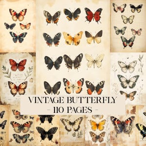 May include: A collection of vintage butterfly illustrations on aged paper. The butterflies are depicted in various colors, including red, orange, black, and yellow. The text "VINTAGE BUTTERFLY - 110 PAGES -" is displayed in the center.