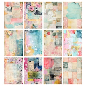 May include: A collection of twelve mixed media art journal pages. Each page features a unique combination of watercolor washes, collage elements, and handwritten text. The color palette includes soft pinks, blues, and yellows, with floral accents and circular shapes.