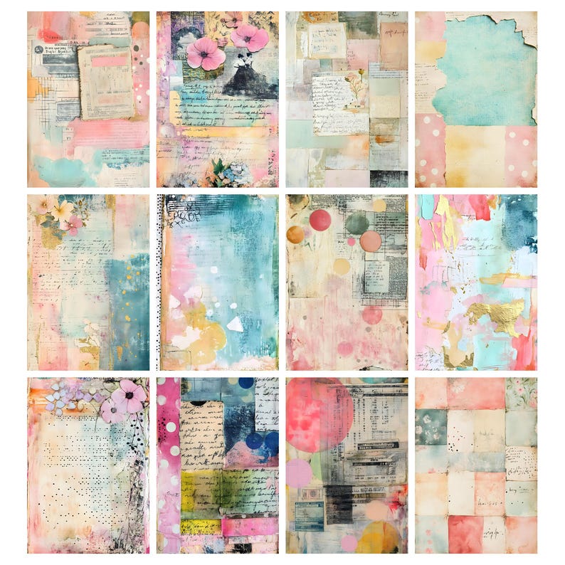 May include: A collection of twelve mixed media art journal pages. Each page features a unique combination of watercolor washes, collage elements, and handwritten text. The color palette includes soft pinks, blues, and yellows, with floral accents and circular shapes.