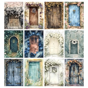 May include: A collection of twelve watercolor paintings of doors. Each door is unique, featuring different colors, styles, and floral arrangements. Some doors are adorned with vines, while others have wreaths or flower arches. The doors range in color from brown to blue.