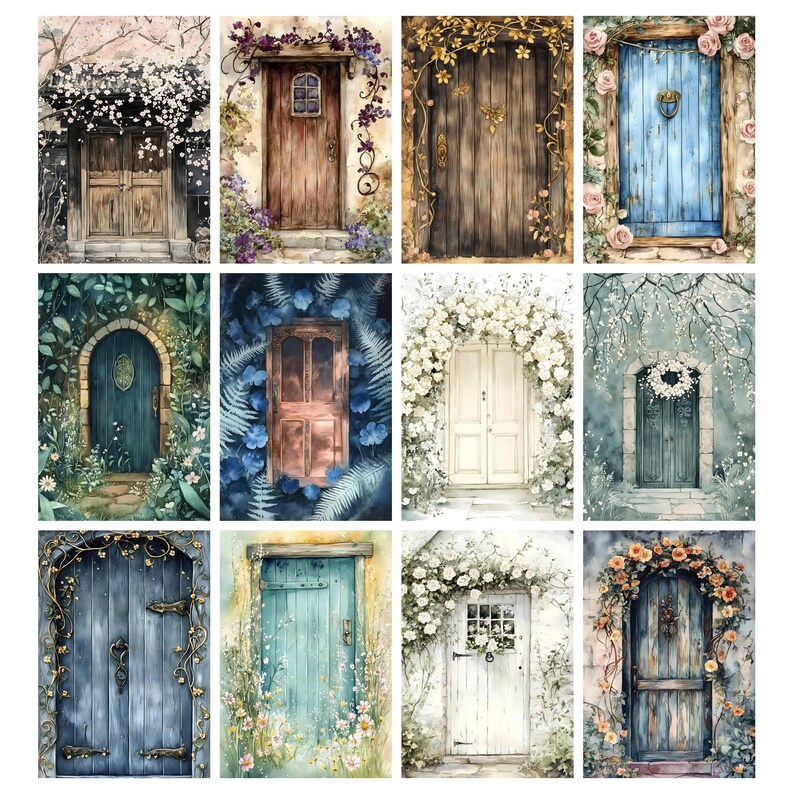 May include: A collection of twelve watercolor paintings of doors. Each door is unique, featuring different colors, styles, and floral arrangements. Some doors are adorned with vines, while others have wreaths or flower arches. The doors range in color from brown to blue.