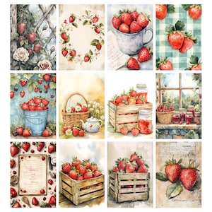 Puede incluir: Una colecci&oacute;n de ilustraciones en acuarela con fresas. Las im&aacute;genes incluyen fresas en una taza de metal, una caja de madera, una cesta y un cubo azul. Algunas im&aacute;genes tienen una est&eacute;tica vintage con notas manuscritas y elementos florales.