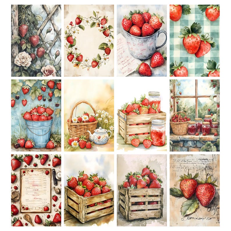 Puede incluir: Una colecci&oacute;n de ilustraciones en acuarela con fresas. Las im&aacute;genes incluyen fresas en una taza de metal, una caja de madera, una cesta y un cubo azul. Algunas im&aacute;genes tienen una est&eacute;tica vintage con notas manuscritas y elementos florales.