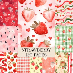 May include: A collection of watercolour patterns featuring strawberries and hearts. The patterns include red strawberries on white backgrounds, a gingham pattern, and a pattern with bees. The text "STRAWBERRY - 120 PAGES -" is displayed.
