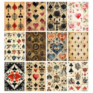 May include: A collection of playing card-themed designs. The images feature various patterns, including hearts, spades, diamonds, and clubs, along with floral and ornate elements. The color palette includes red, black, and cream tones, creating a vintage aesthetic.