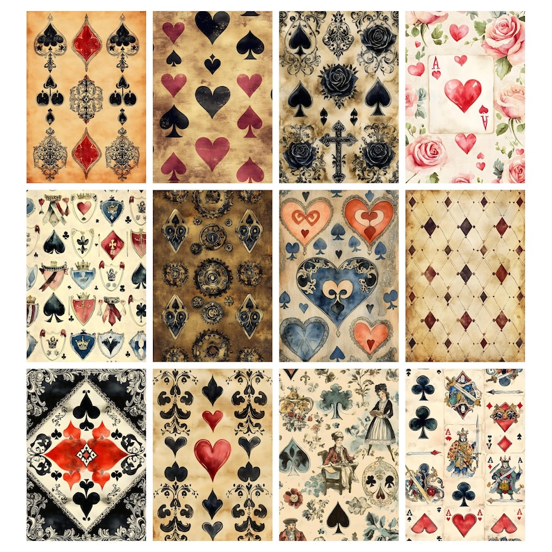 May include: A collection of playing card-themed designs. The images feature various patterns, including hearts, spades, diamonds, and clubs, along with floral and ornate elements. The color palette includes red, black, and cream tones, creating a vintage aesthetic.