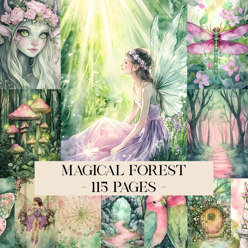 May include: A digital art print titled "Magical Forest - 115 Pages." The artwork features watercolor illustrations of fairies, mushrooms, a dragonfly, and forest scenes in shades of pink, green, and purple. The overall theme is fantasy and nature.
