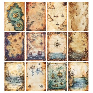 May include: A collection of twelve antique-style nautical maps. Each map features a unique design with illustrations of ships, compass roses, and geographical details. The color palette includes shades of brown, beige, and blue, creating a vintage aesthetic.