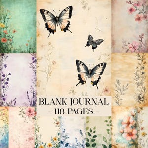 May include: A blank journal with 118 pages, featuring a collage of floral and butterfly illustrations. The cover showcases a butterfly design with black, white, and peach accents. The background has a vintage, textured appearance.