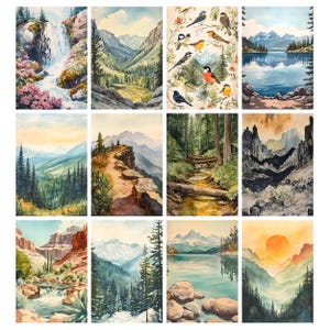 K&ouml;nnte beinhalten: Eine Sammlung von Aquarell-Landschaftsbildern mit verschiedenen Naturszenen. Die Kunstwerke zeigen einen Wasserfall, Bergketten, W&auml;lder, einen See und V&ouml;gel. Die Farbpalette umfasst Gr&uuml;n-, Blau- und Erdt&ouml;ne und erzeugt eine ruhige und nat&uuml;rliche &Auml;sthetik.
