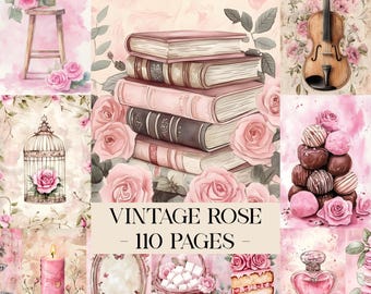 Peut inclure: Un collage d'illustrations à l'aquarelle sur le thème de la rose vintage. L'image comprend une pile de livres, un violon, une cage à oiseaux, une bougie, un flacon de parfum et un gâteau. Le texte "VINTAGE ROSE - 110 PAGES -" est affiché.