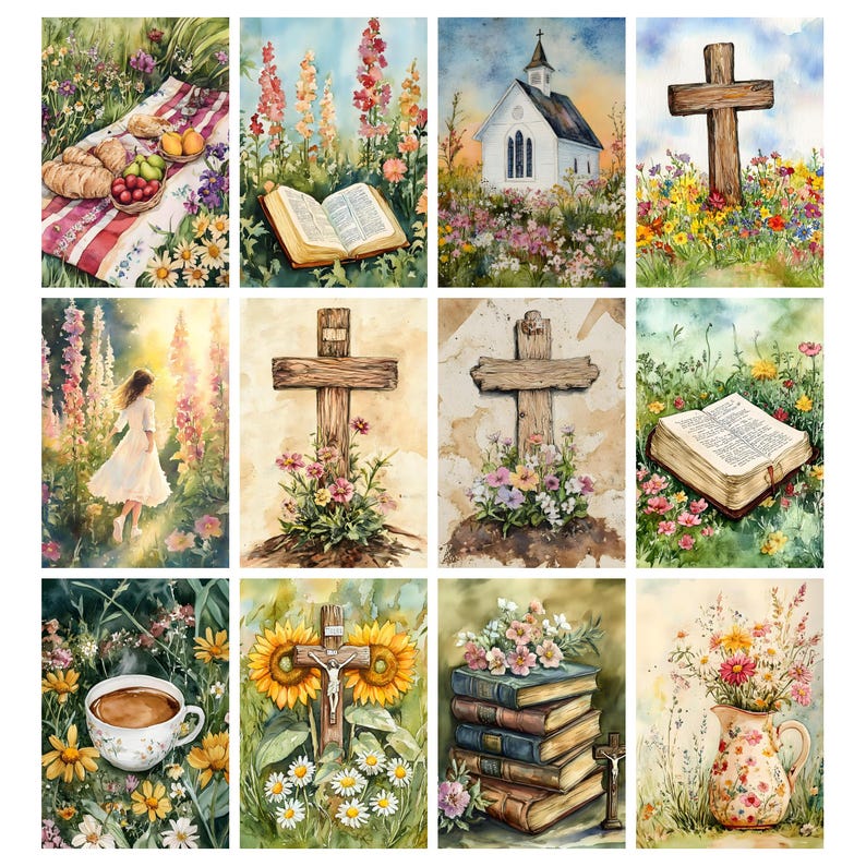K&ouml;nnte beinhalten: Eine Sammlung von Aquarelldrucken mit religi&ouml;sen Themen. Zu den Bildern geh&ouml;ren ein Holzkreuz, ein offenes Buch, eine Kirche, ein Picknick und eine Frau auf einem Feld. Blumenarrangements und nat&uuml;rliche Umgebungen sind prominent.