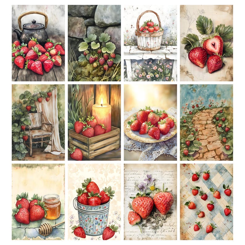 Puede incluir: Una colecci&oacute;n de ilustraciones en acuarela con fresas. Las im&aacute;genes muestran fresas en varios entornos, incluyendo una cesta, un plato y una caja de madera. La paleta de colores est&aacute; dominada por el rojo y el verde.