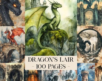 Dragon's Lair Junk Journal Kit, Mythical Dragon Printable Ephemera, Fantasy Scrapbooking Collage Sheet, Background Mixed Media Pages