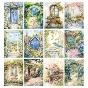 May include: A collection of watercolor paintings depicting serene garden scenes. Each painting features elements like blue doors, stone pathways, floral arrangements, and charming cottages, evoking a sense of tranquility and natural beauty.
