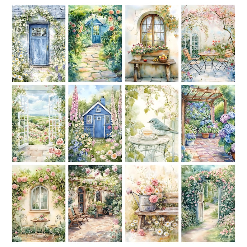 May include: A collection of watercolor paintings depicting serene garden scenes. Each painting features elements like blue doors, stone pathways, floral arrangements, and charming cottages, evoking a sense of tranquility and natural beauty.