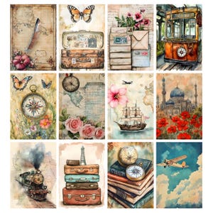 May include: A collection of watercolor art prints featuring vintage travel themes. Each print showcases elements like maps, compasses, butterflies, suitcases, trains, and airplanes. The color palette includes warm tones of brown, beige, and hints of blue and red.