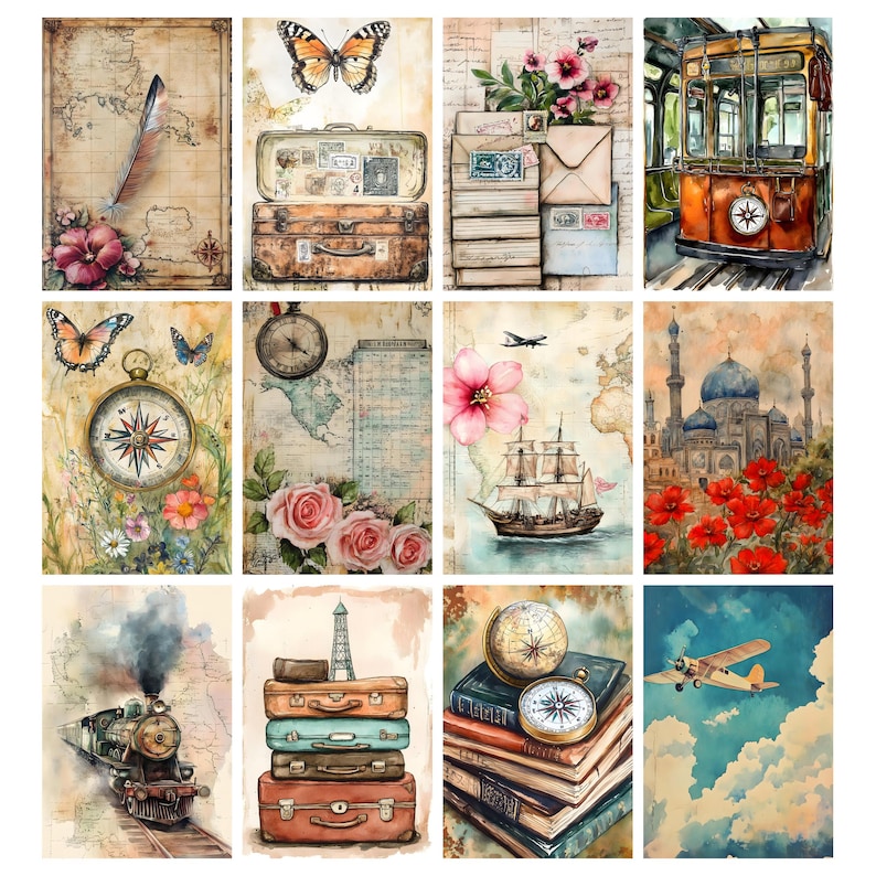 May include: A collection of watercolor art prints featuring vintage travel themes. Each print showcases elements like maps, compasses, butterflies, suitcases, trains, and airplanes. The color palette includes warm tones of brown, beige, and hints of blue and red.