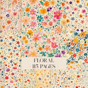May include: A collection of floral patterns featuring a variety of colorful flowers in shades of pink, orange, yellow, blue, and purple. The patterns are set against a cream-colored background. The text "FLORAL - 115 PAGES -" is displayed in a white rectangle.