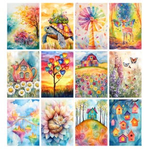 May include: A set of twelve watercolour paintings depicting fantastical scenes. The artwork includes a bicycle with flowers, a turtle with a flower garden, a colourful pinwheel, a deer with butterfly wings, a teapot house, a heart-shaped tree, a barn in a flower field, and more.