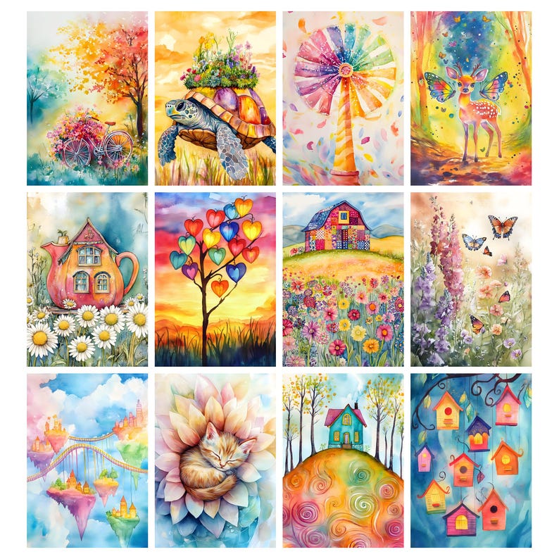 May include: A set of twelve watercolour paintings depicting fantastical scenes. The artwork includes a bicycle with flowers, a turtle with a flower garden, a colourful pinwheel, a deer with butterfly wings, a teapot house, a heart-shaped tree, a barn in a flower field, and more.