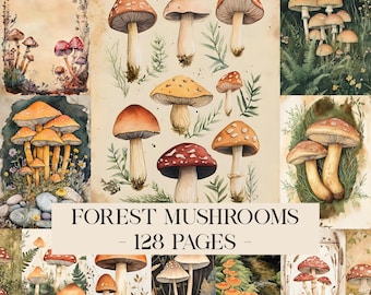 May include: A collection of watercolor illustrations of various forest mushrooms. The image features a variety of mushroom types with brown, orange, and red caps. The text "FOREST MUSHROOMS - 128 PAGES -" is displayed in the center.