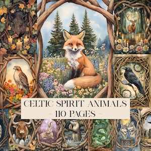 Puede incluir: Ilustración digital con un zorro rojo en un campo de flores, rodeado de otras ilustraciones de animales espirituales celtas. El texto "Celtic Spirit Animals - 110 Pages" se muestra en una pancarta crema.